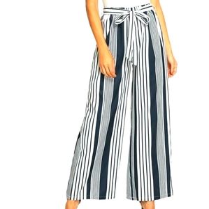 White & Navy Self Tie Waist Striped Wide Leg Pants